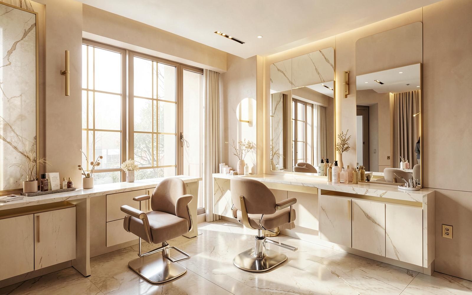 Interior elegante do salão de beleza Seu Salão Aqui, com estações de trabalho em tons bege e dourado